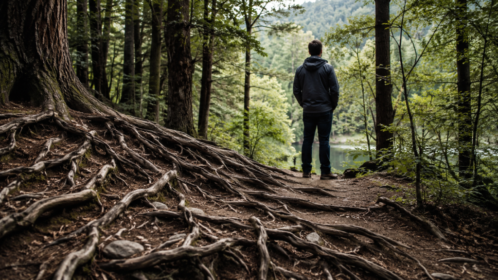 Man standing on a forest path beside exposed tree roots, symbolizing deep discipleship and spiritual formation.