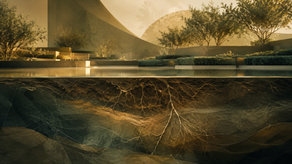 Hidden roots beneath an ordered landscape, symbolizing the unseen ideas that shape Christian culture and discipleship.