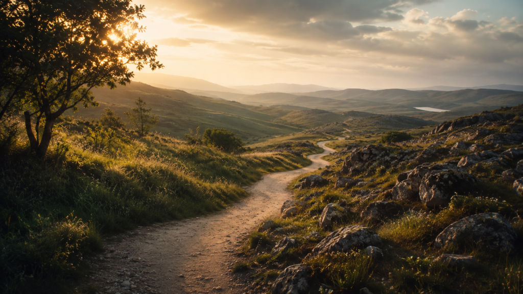 A path through light and shadow symbolizing the Good Life with God through suffering, trust, and spiritual formation.