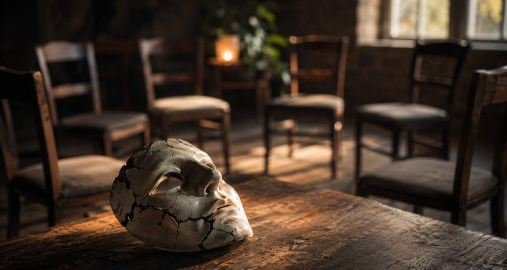 A cracked mask resting inside a small circle of chairs, symbolizing narcissism in Christian community and the danger it poses to spiritual formation.