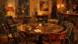 A warmly lit gathering place with mismatched chairs and personal belongings, symbolizing a spiritually formative community where people are known and welcomed.