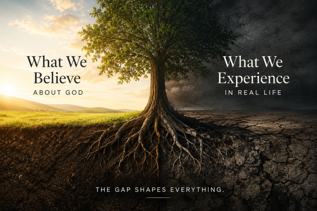 A healthy tree with divided roots growing through contrasting soil, symbolizing the gap between our beliefs about God and our lived experience of Him.