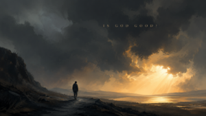 A solitary figure beneath a storm-darkened sky as warm light breaks through in the distance, symbolizing the question, “Is God good?” amid suffering.