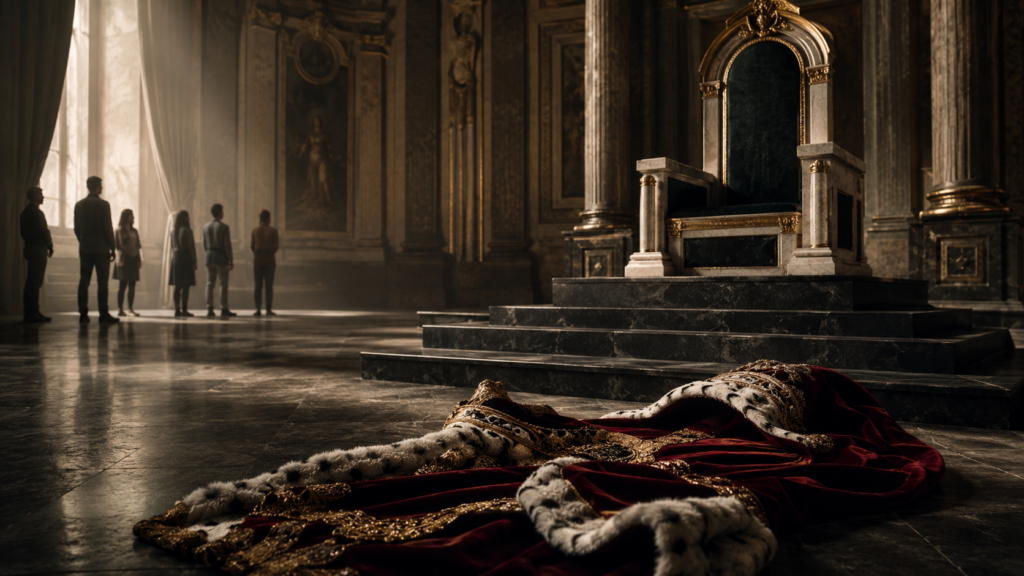 An empty throne and discarded royal robes in a grand hall, symbolizing misplaced faith in power, institutions, and outward reform.