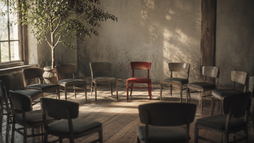 One empty chair within a crowded circle, symbolizing loneliness and the longing for deep Christian community.