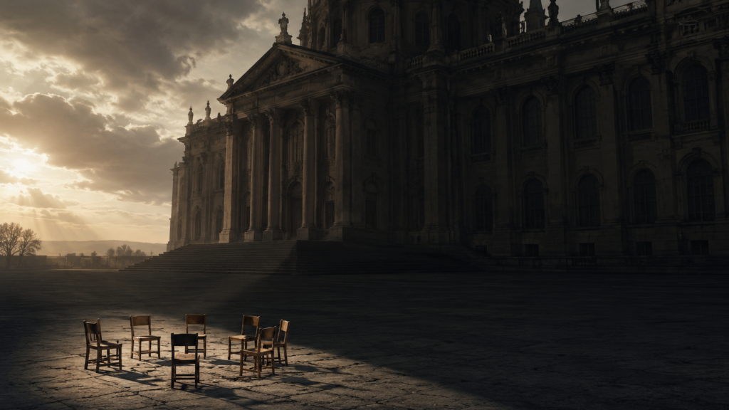 A large institutional building casting a shadow over a small circle of chairs, symbolizing tension between church systems and spiritual formation.